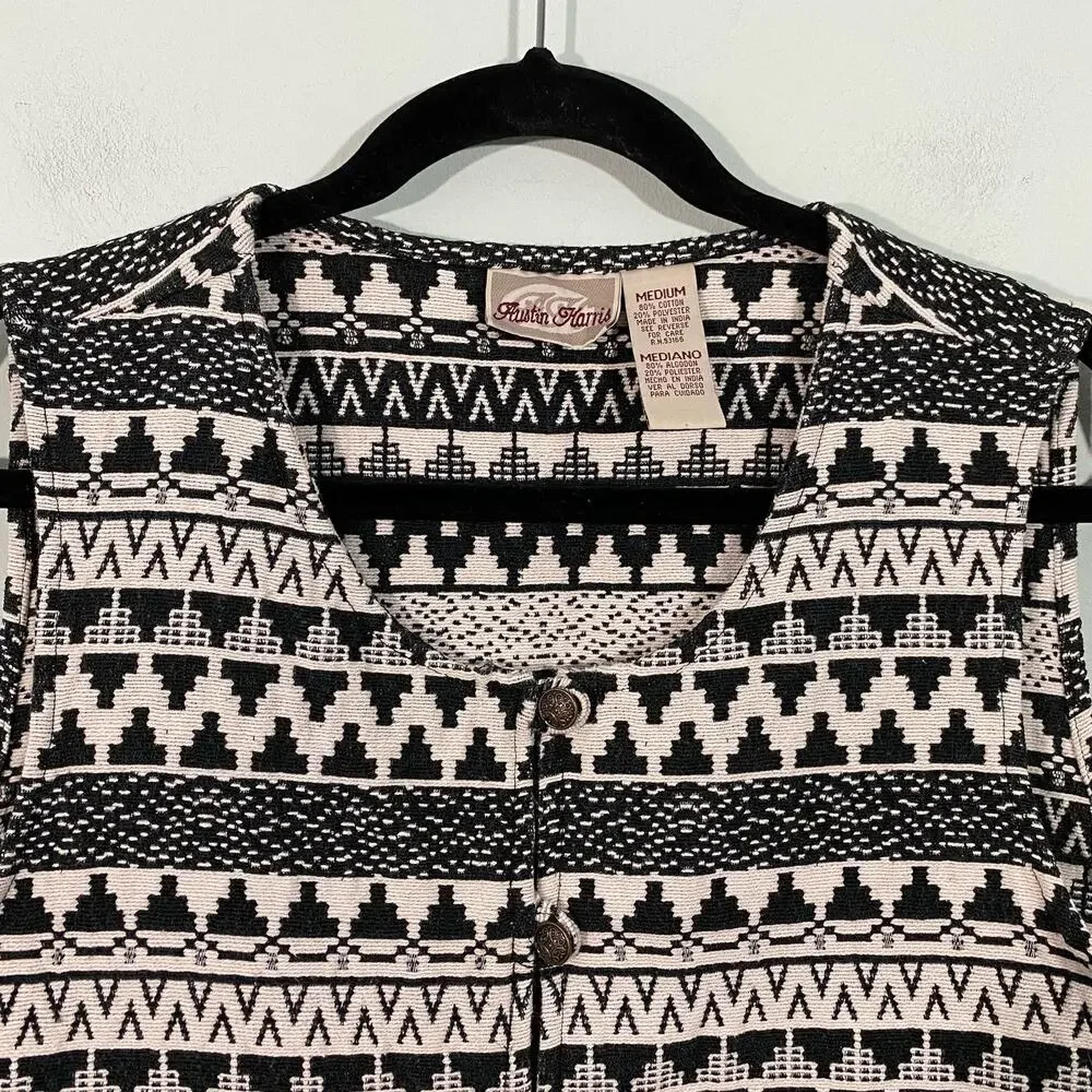 Austin Harris Black & White Aztec Tapestry Knit Western Button Up Vest Size M